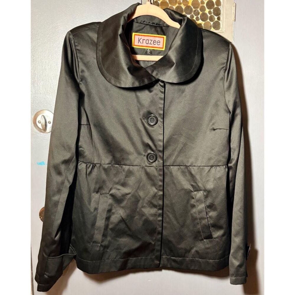 Vintage Y2K Shiny Satin Jacket Peter Pan Collar Black XL Goth Indie Sleeze - Picture 4 of 9